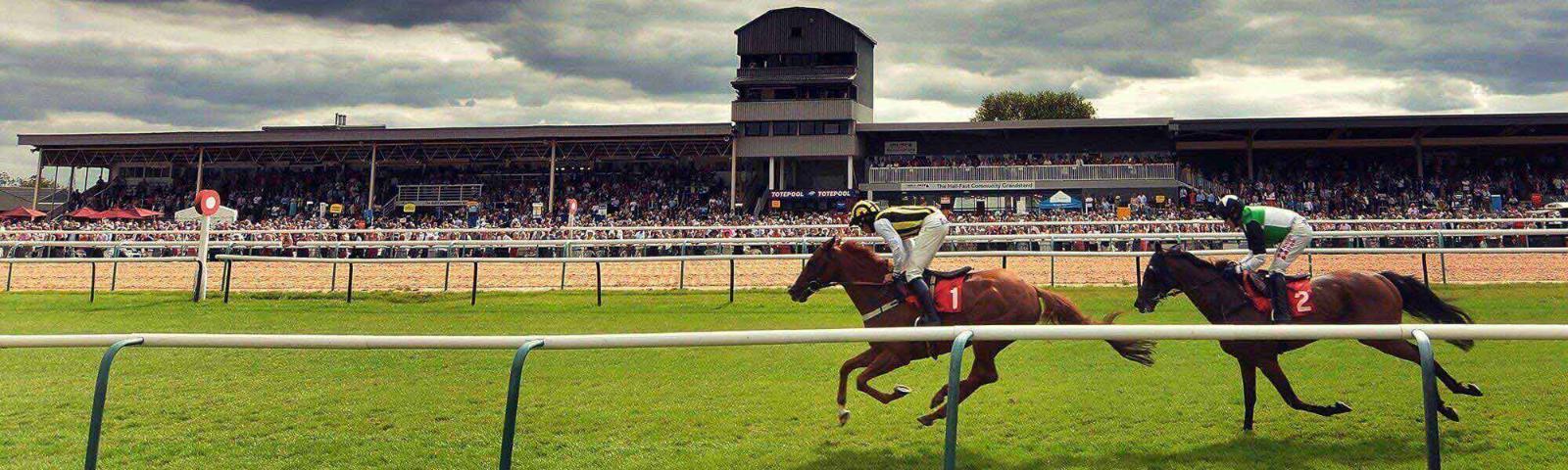 Horses with Jockeys running around the track at Southwell Racecourse